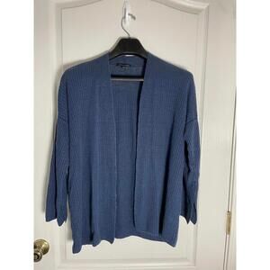 Eileen Fisher Medium open front cardigan ribbed denim blue 3/4 length sleeve